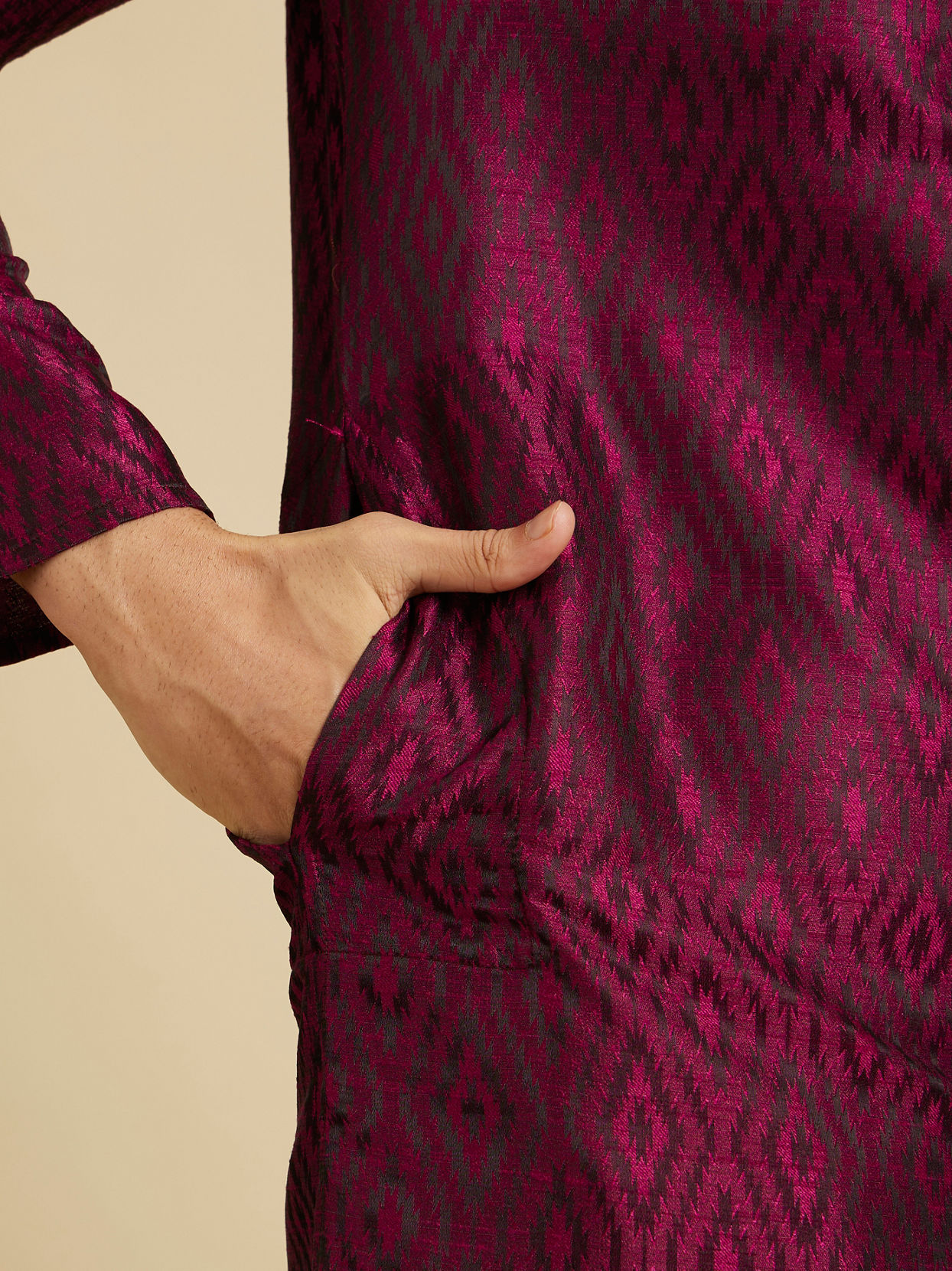 Manyavar Men Rani Pink Ikat Inspired Patterned Kurta Set