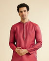 alt message - Manyavar Men Bright Red Self Patterned Kurta Set image number 0