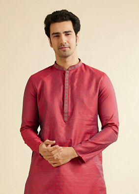 alt message - Manyavar Men Bright Red Self Patterned Kurta Set image number 0