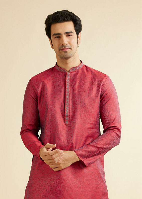 Manyavar Men Bright Red Self Patterned Kurta Set