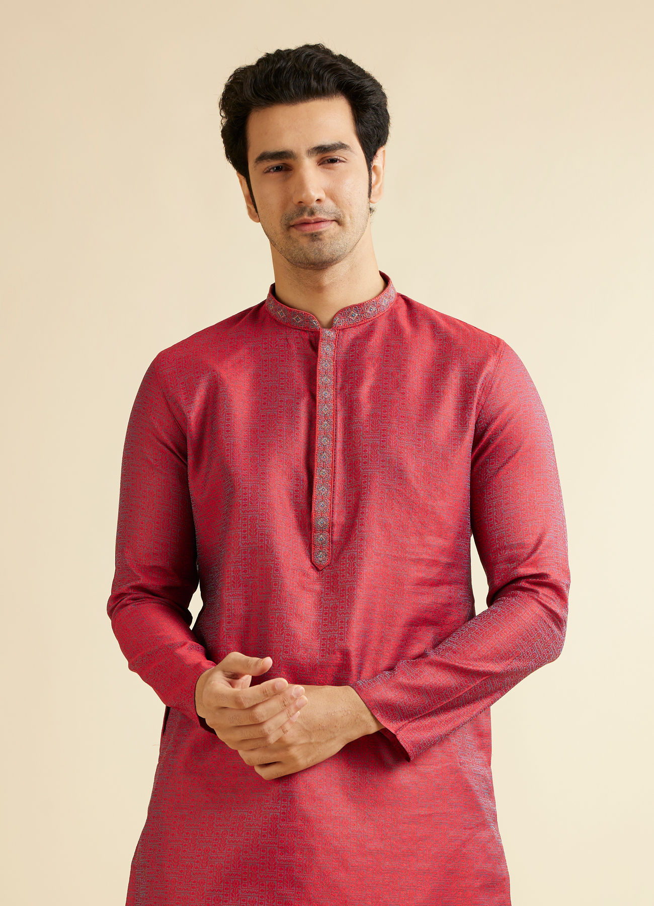 Manyavar Men Bright Red Self Patterned Kurta Set