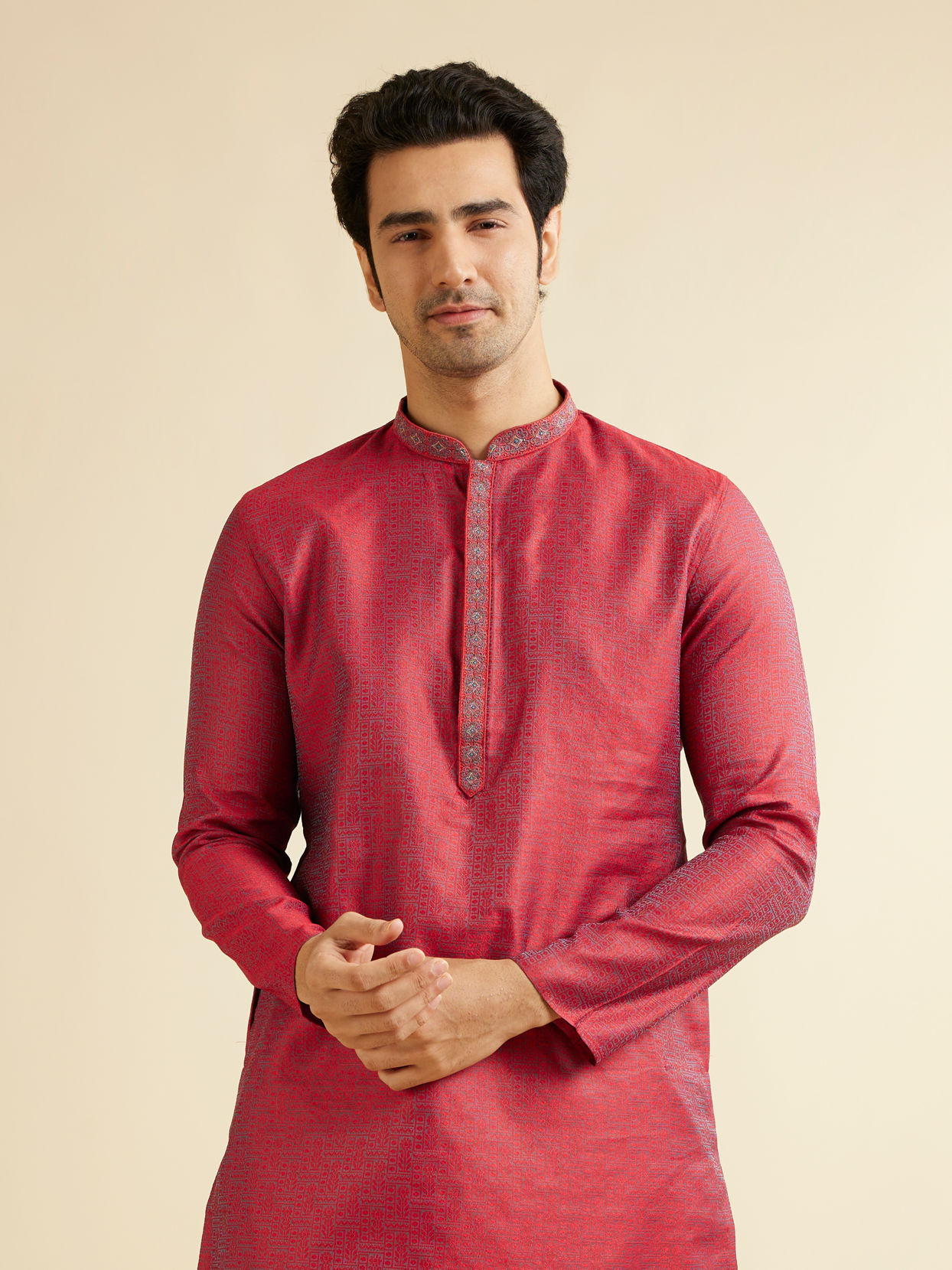 alt message - Manyavar Men Bright Red Self Patterned Kurta Set image number 0