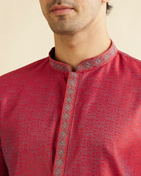 Manyavar Men Bright Red Self Patterned Kurta Set