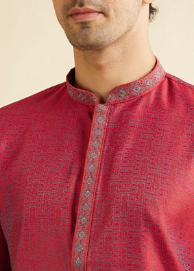 alt message - Manyavar Men Bright Red Self Patterned Kurta Set image number 1