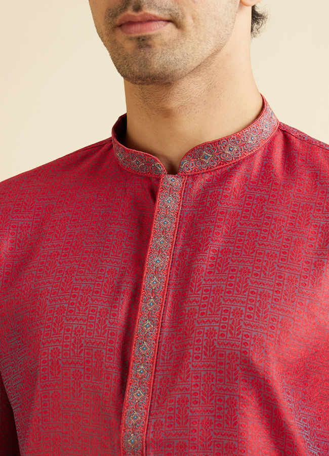 alt message - Manyavar Men Bright Red Self Patterned Kurta Set image number 1