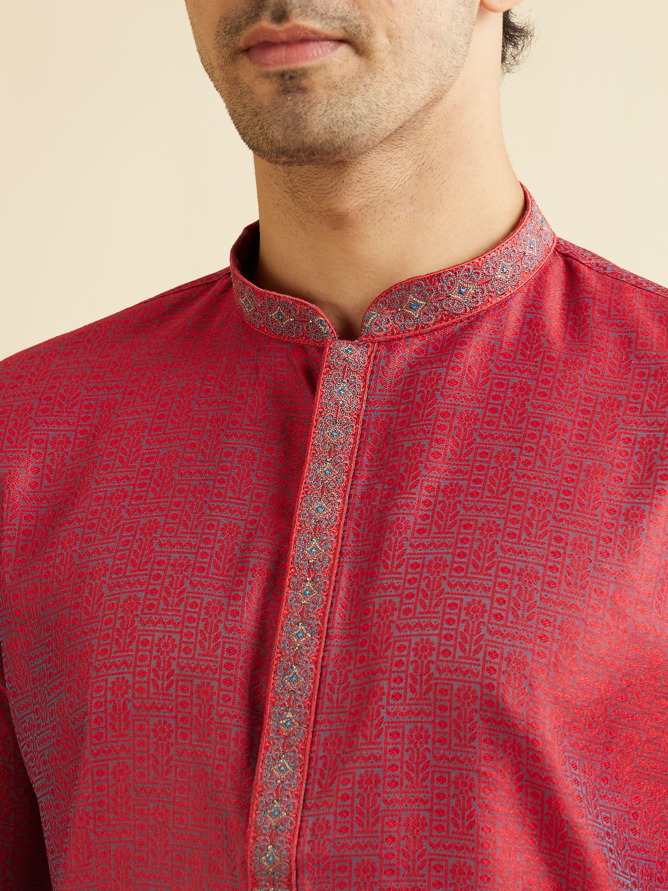 Manyavar Men Bright Red Self Patterned Kurta Set