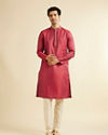 alt message - Manyavar Men Bright Red Self Patterned Kurta Set image number 2