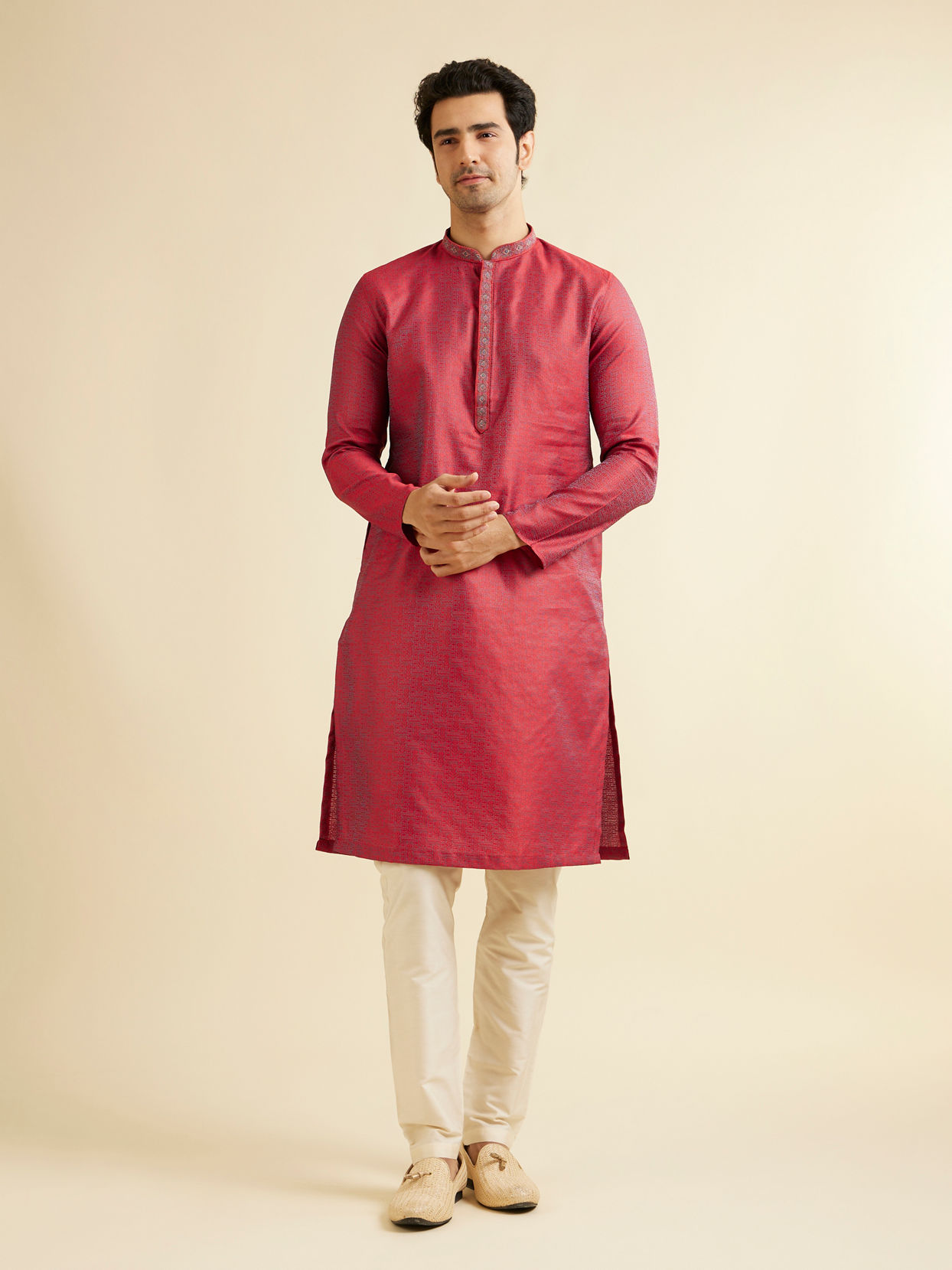 Manyavar Men Bright Red Self Patterned Kurta Set