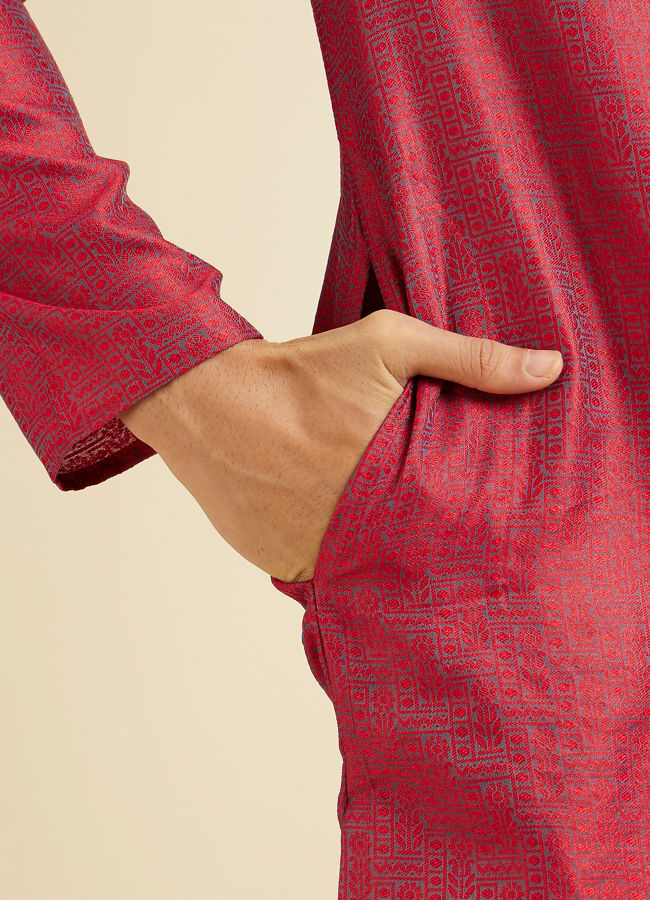Manyavar Men Bright Red Self Patterned Kurta Set