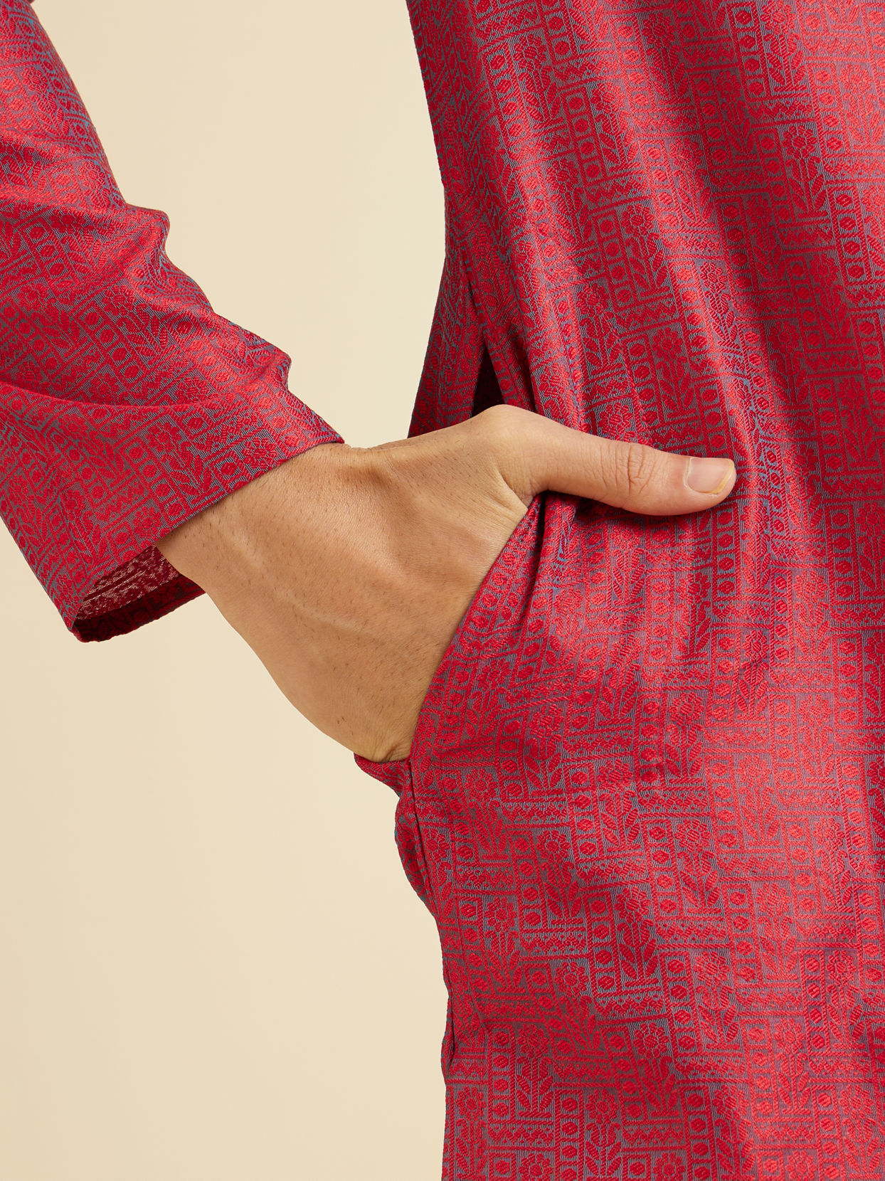 Manyavar Men Bright Red Self Patterned Kurta Set