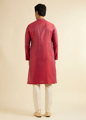 alt message - Manyavar Men Bright Red Self Patterned Kurta Set image number 4