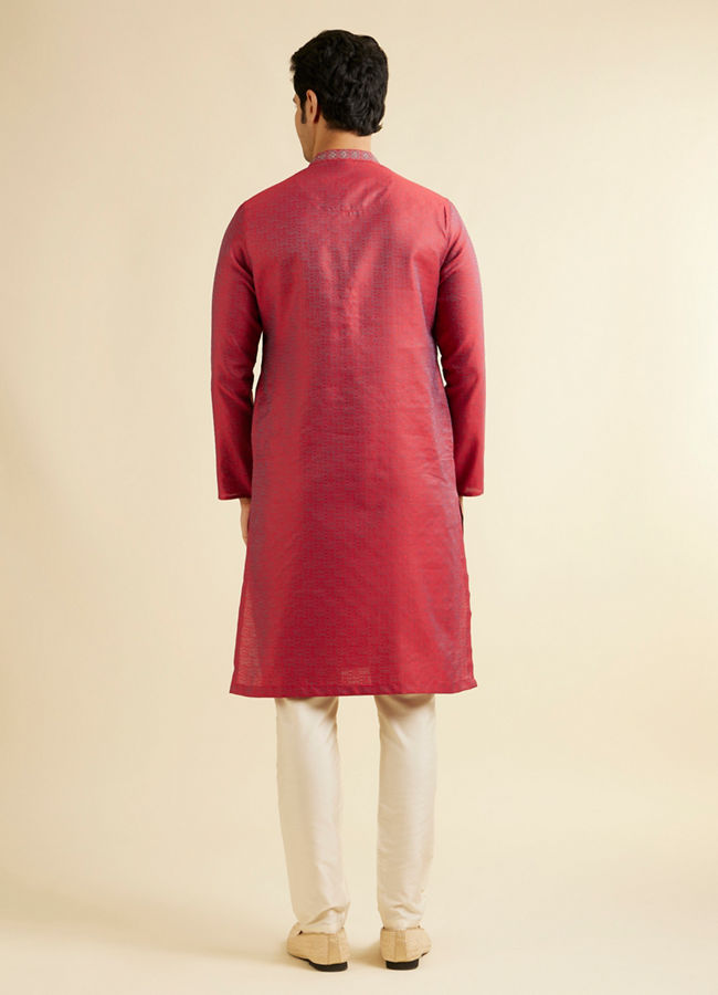 alt message - Manyavar Men Bright Red Self Patterned Kurta Set image number 4