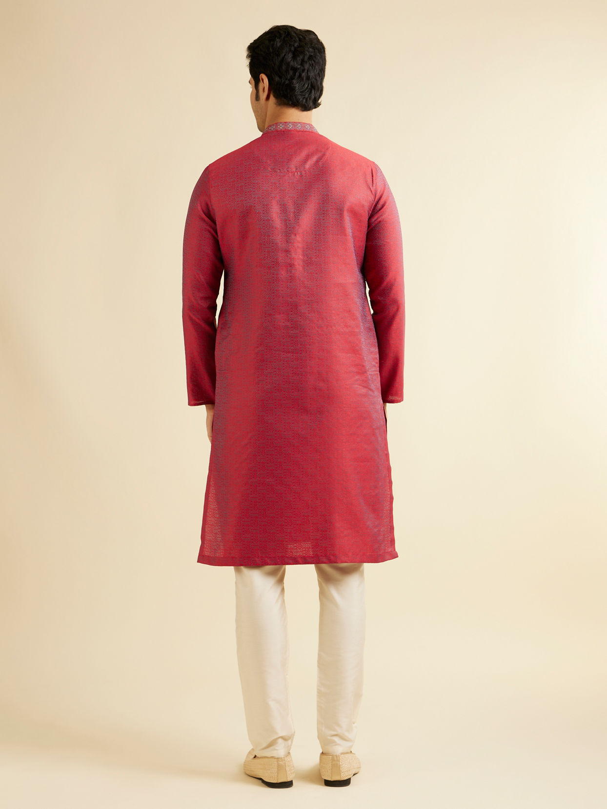 Manyavar Men Bright Red Self Patterned Kurta Set