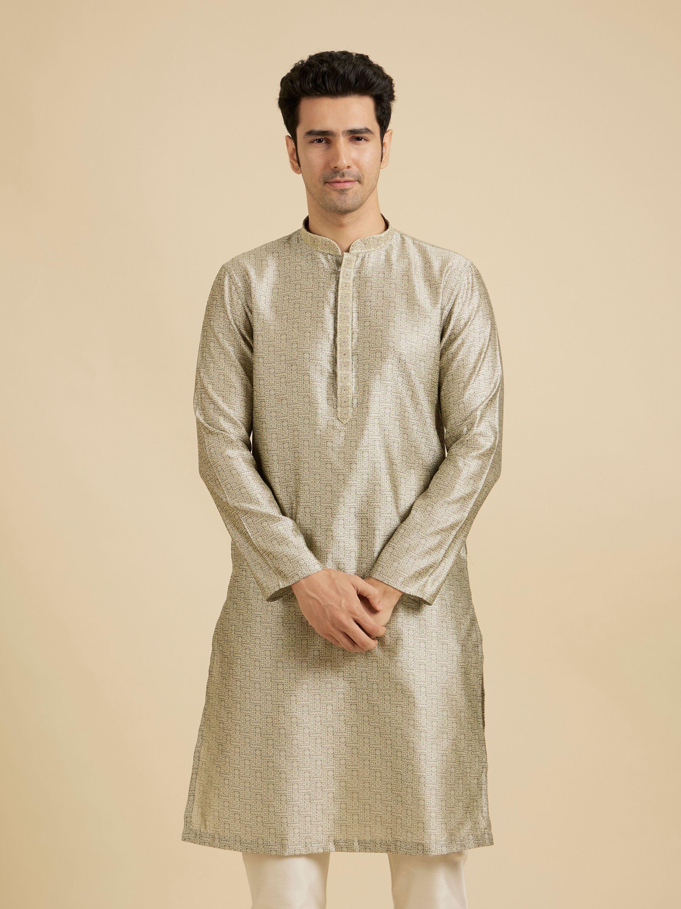 Manyavar Men Pista Green Floral Fern Embroidered Kurta Set