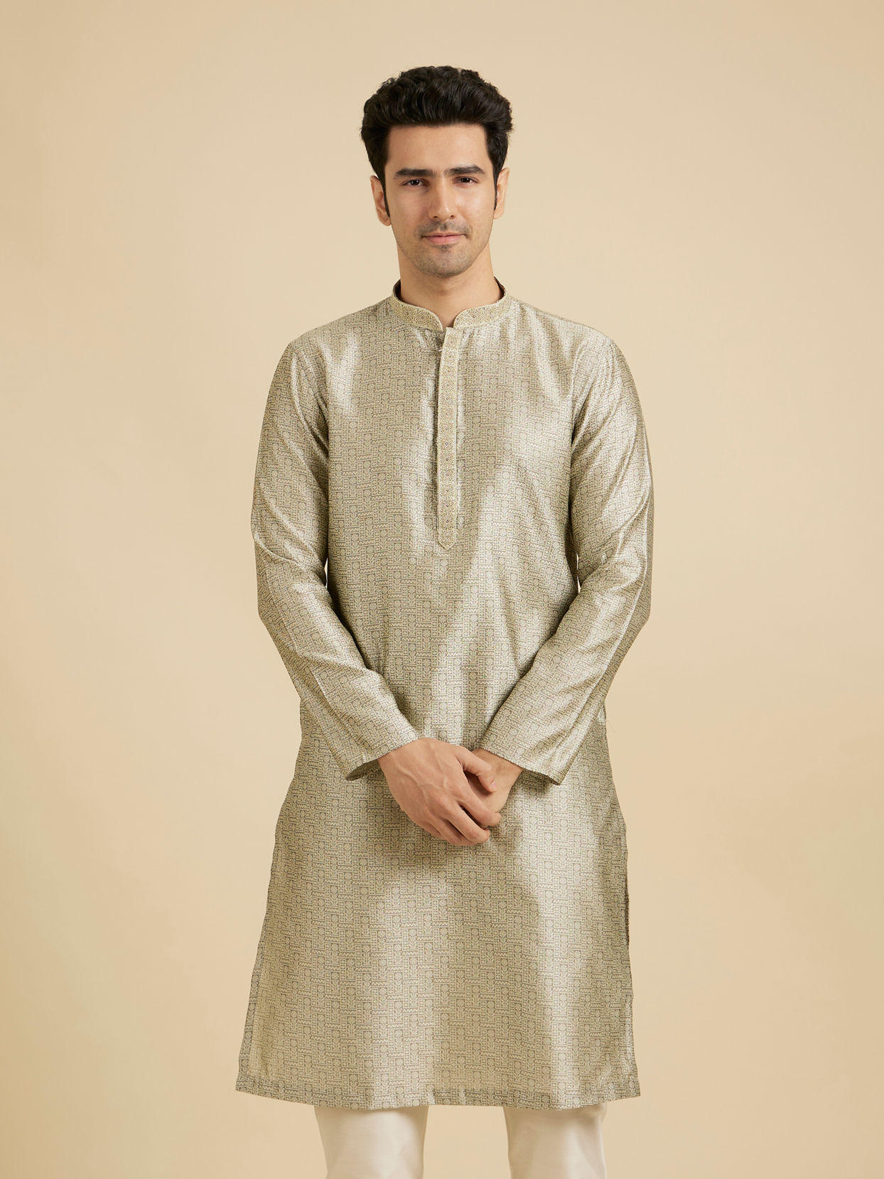 Manyavar Men Pista Green Floral Fern Embroidered Kurta Set