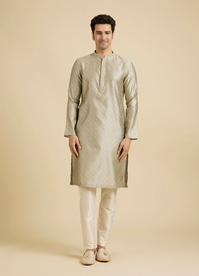 Manyavar Men Pista Green Floral Fern Embroidered Kurta Set