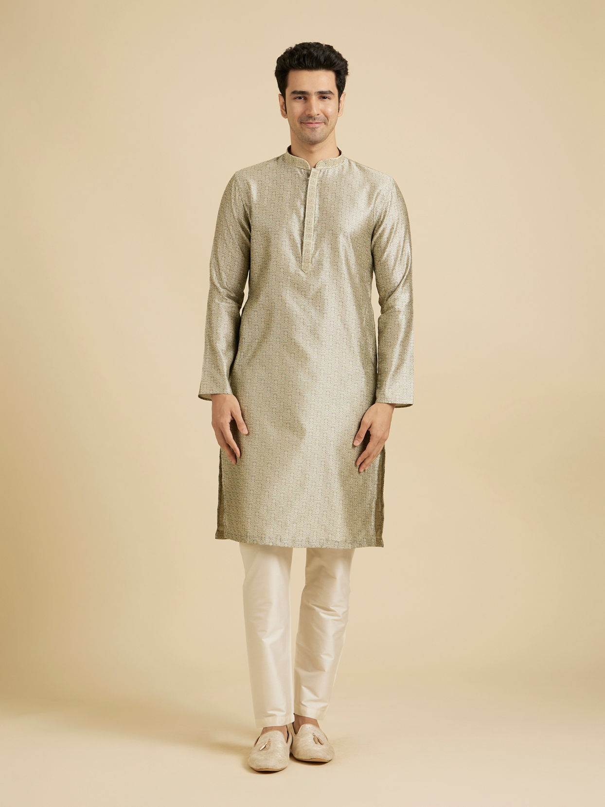 Manyavar Men Pista Green Floral Fern Embroidered Kurta Set