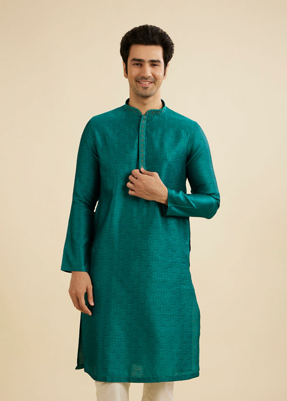 Manyavar Men Teal Green Floral Fern Embroidered Kurta Set