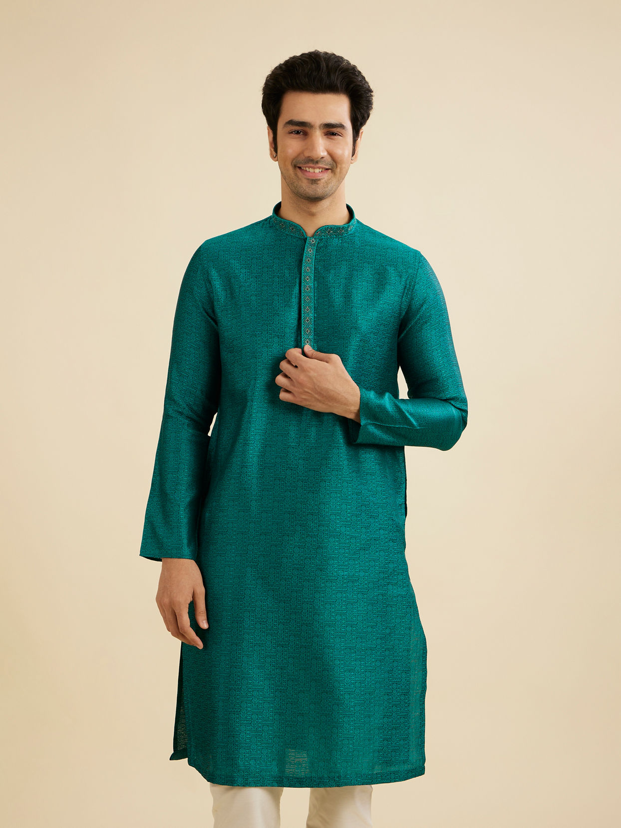 Manyavar Men Teal Green Floral Fern Embroidered Kurta Set