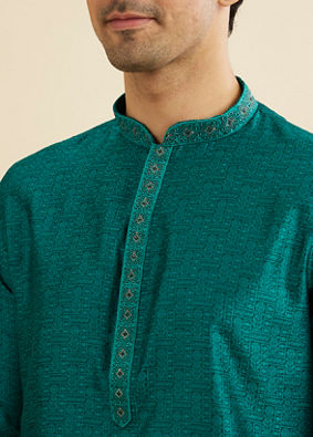 Manyavar Men Teal Green Floral Fern Embroidered Kurta Set