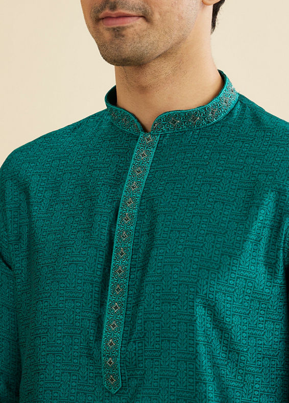 Manyavar Men Teal Green Floral Fern Embroidered Kurta Set