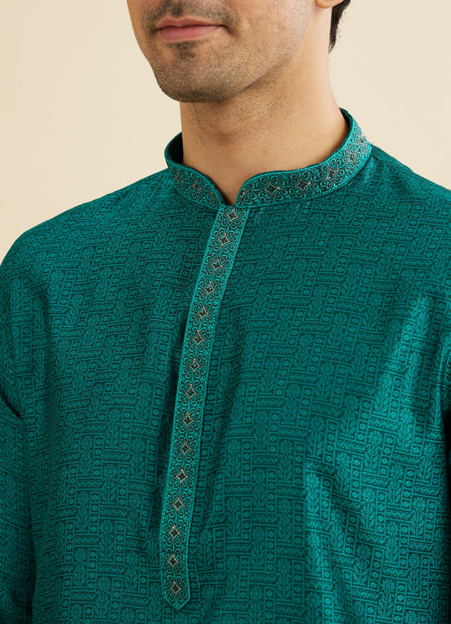 Manyavar Men Teal Green Floral Fern Embroidered Kurta Set
