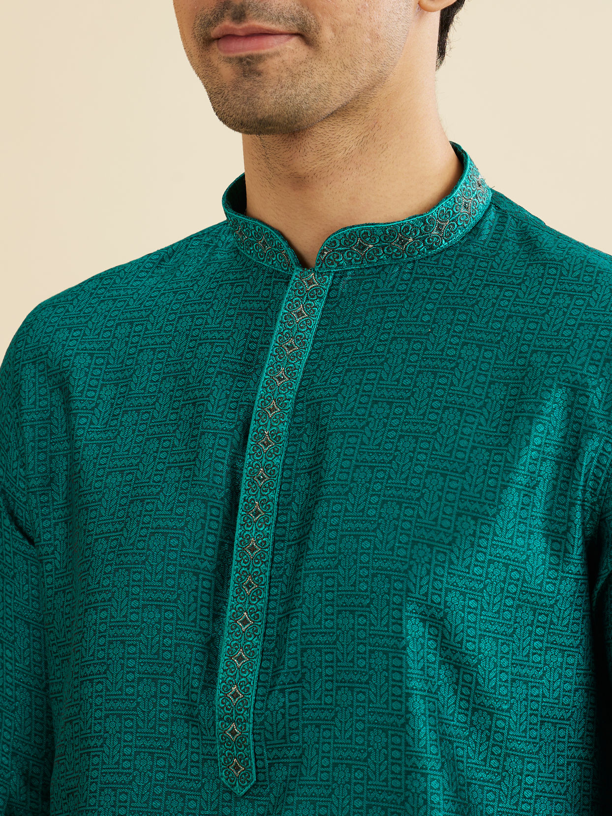 Manyavar Men Teal Green Floral Fern Embroidered Kurta Set