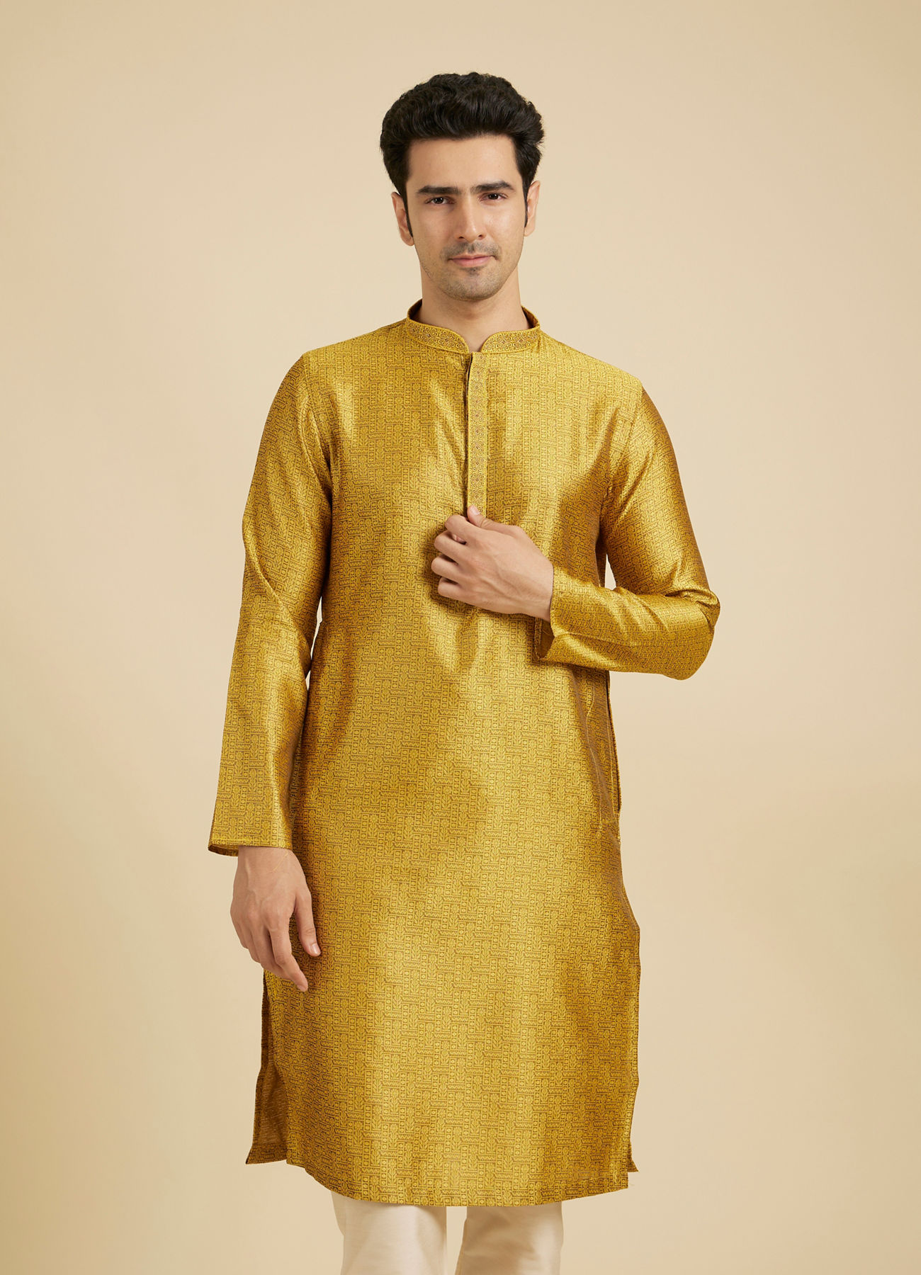 Manyavar Men Mustard Yellow Floral Fern Embroidered Kurta Set