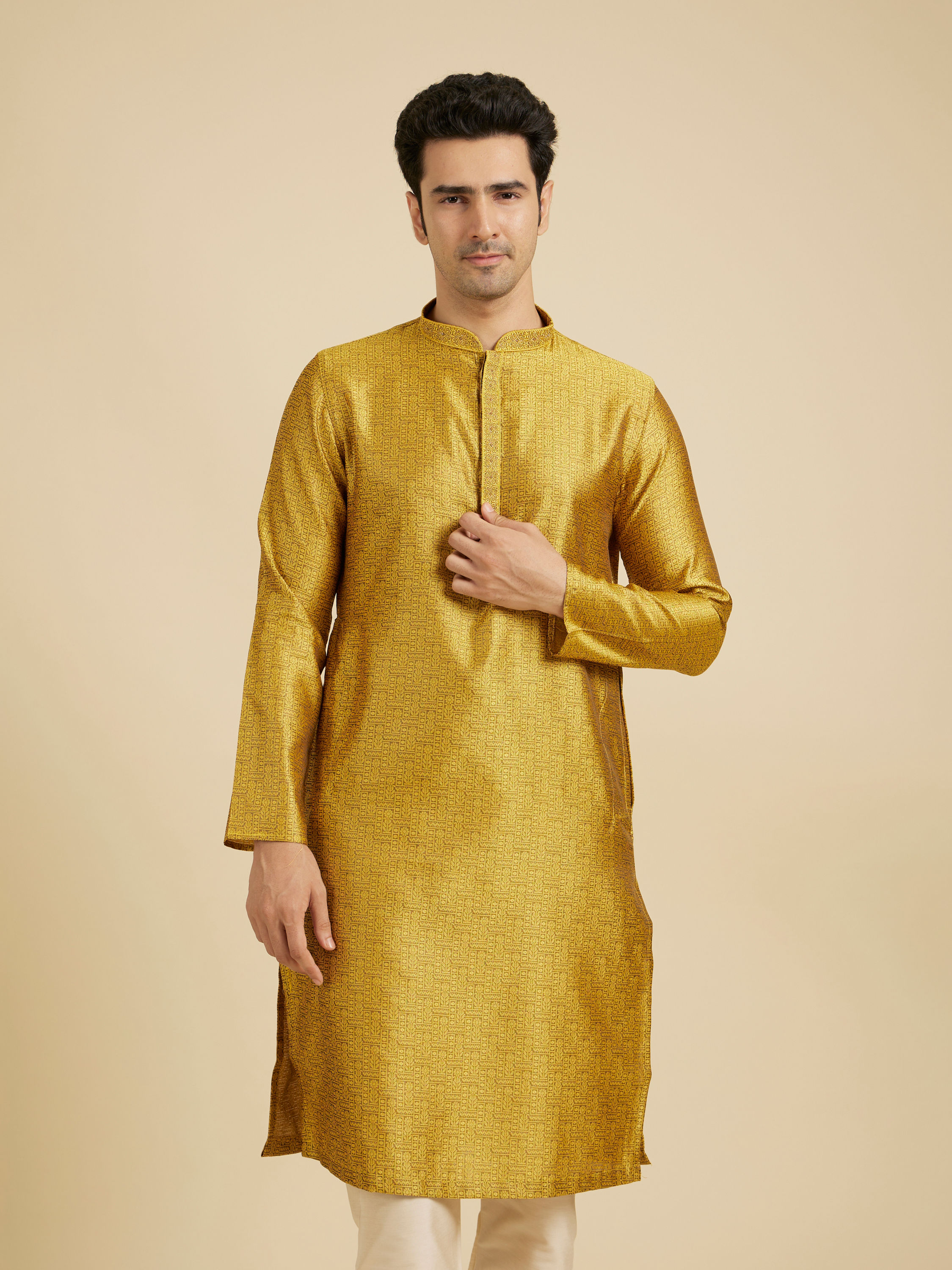 Manyavar Men Mustard Yellow Floral Fern Embroidered Kurta Set