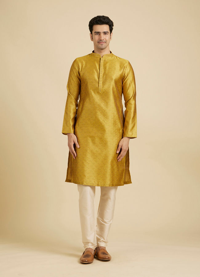 Manyavar Men Mustard Yellow Floral Fern Embroidered Kurta Set