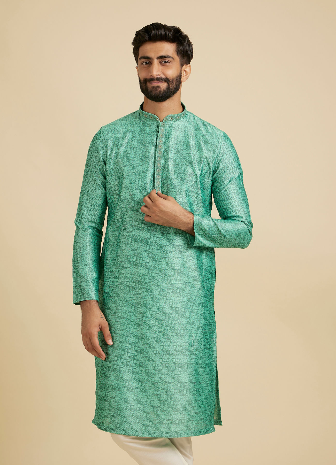 Manyavar Men Aqua Green Floral Fern Embroidered Kurta Set