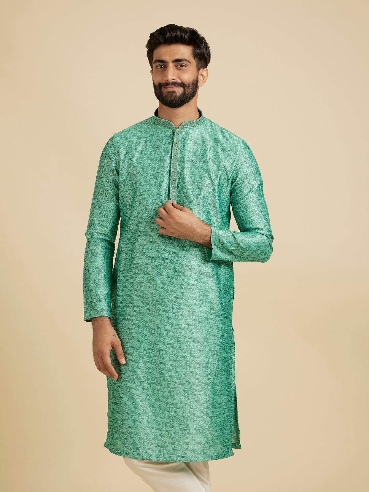 Manyavar Men Aqua Green Festive Silk Kurta Pajama image number 0