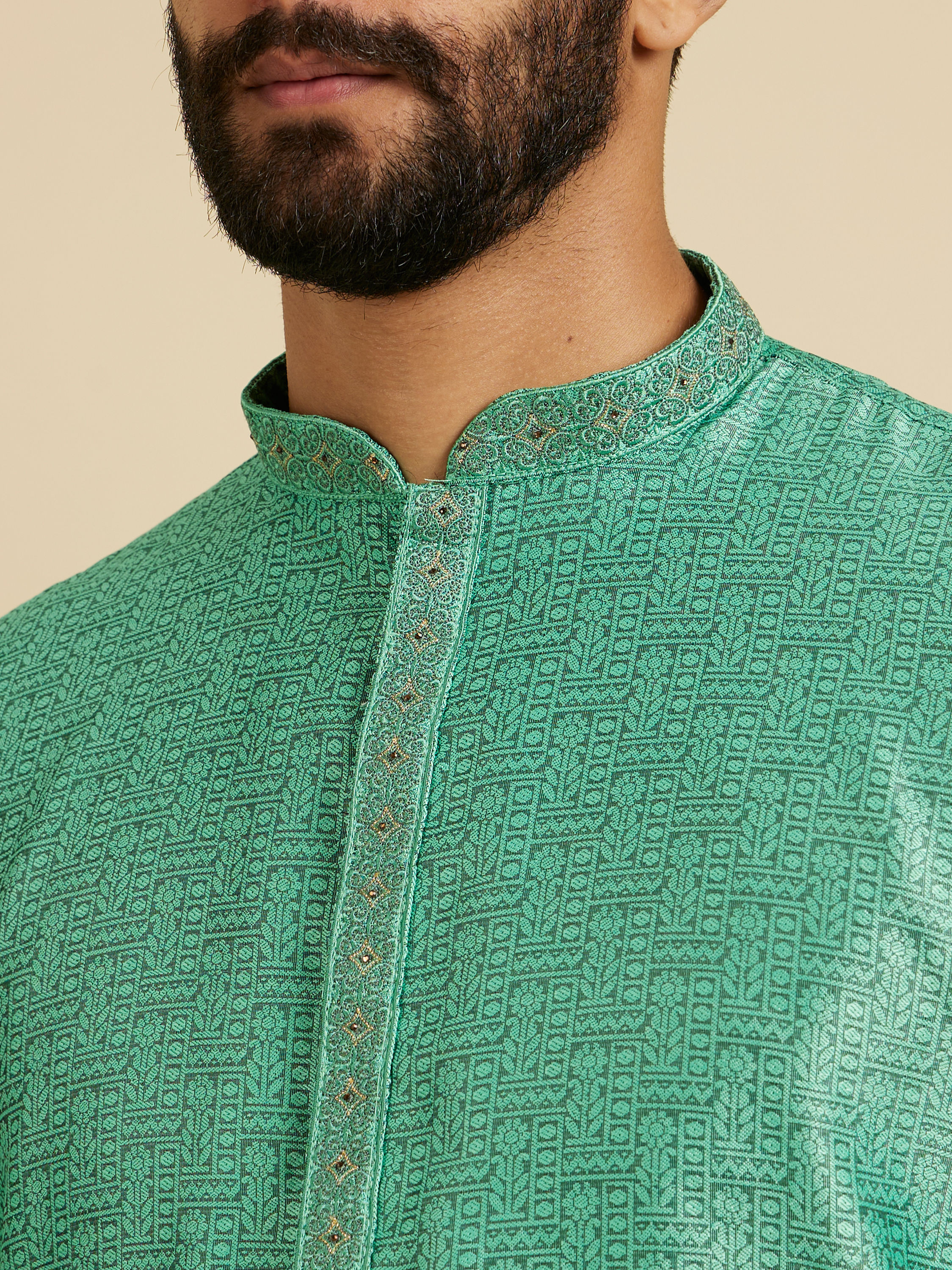 Manyavar Men Aqua Green Floral Fern Embroidered Kurta Set