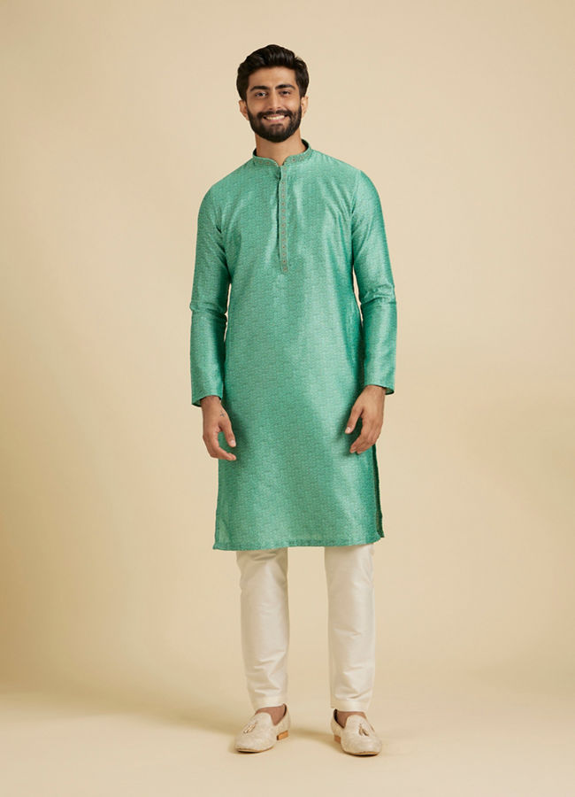 Manyavar Men Aqua Green Floral Fern Embroidered Kurta Set