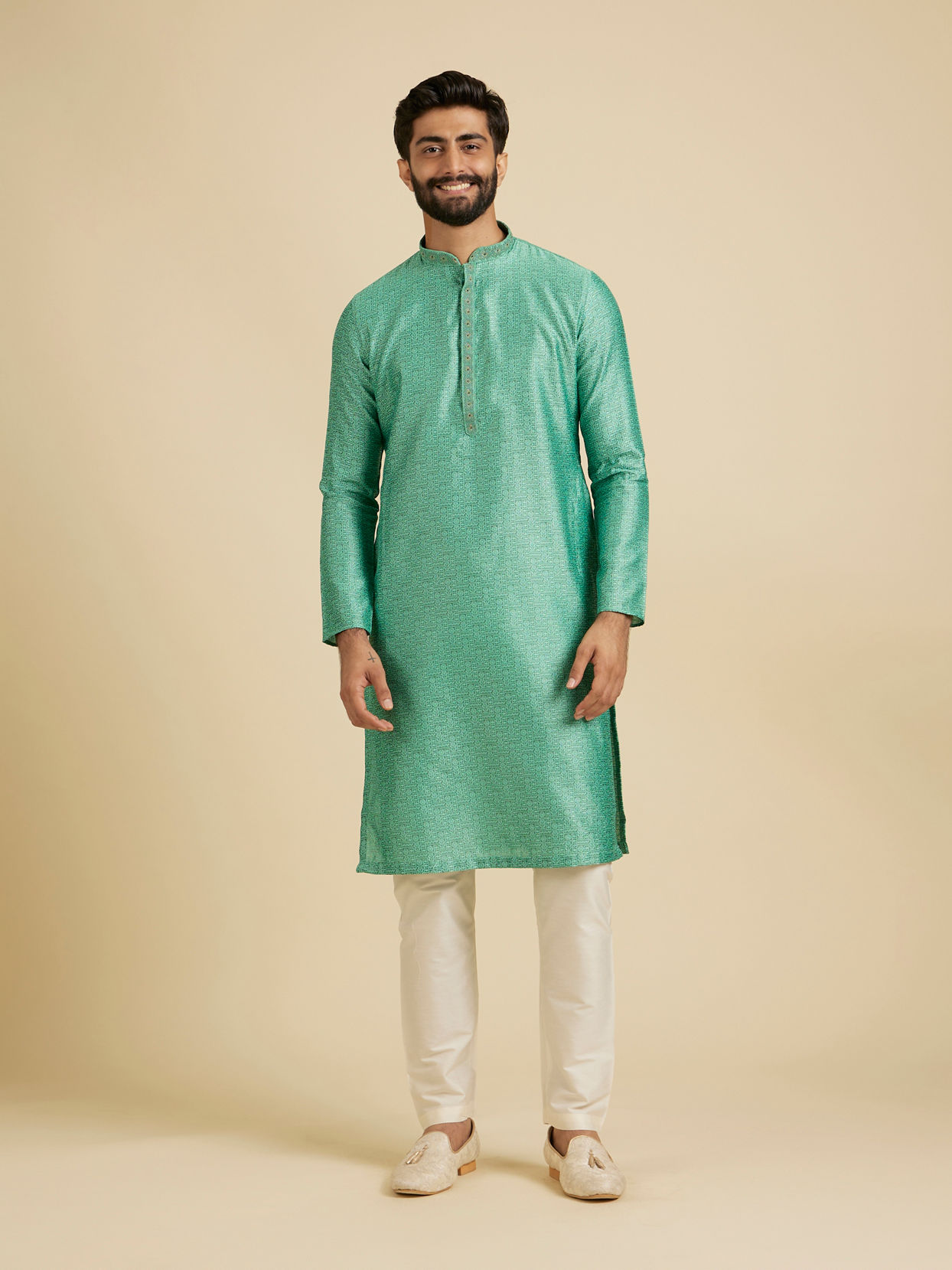 Manyavar Men Aqua Green Floral Fern Embroidered Kurta Set