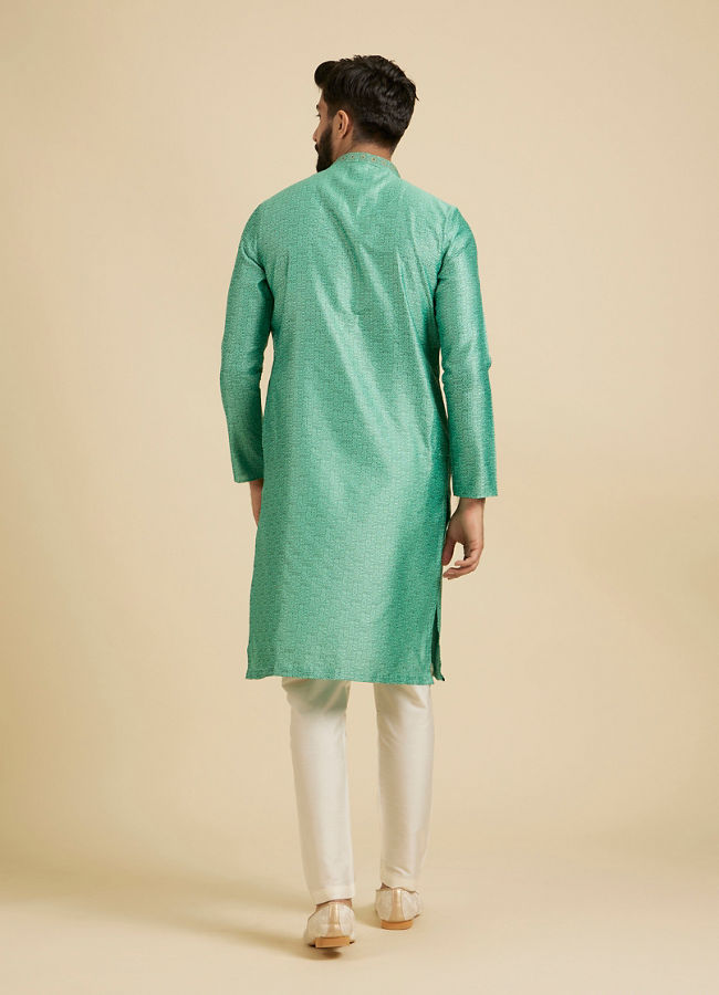 Manyavar Men Aqua Green Floral Fern Embroidered Kurta Set