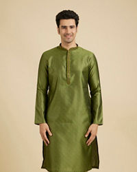 Manyavar Men Olive Green Floral Fern Embroidered Kurta Set