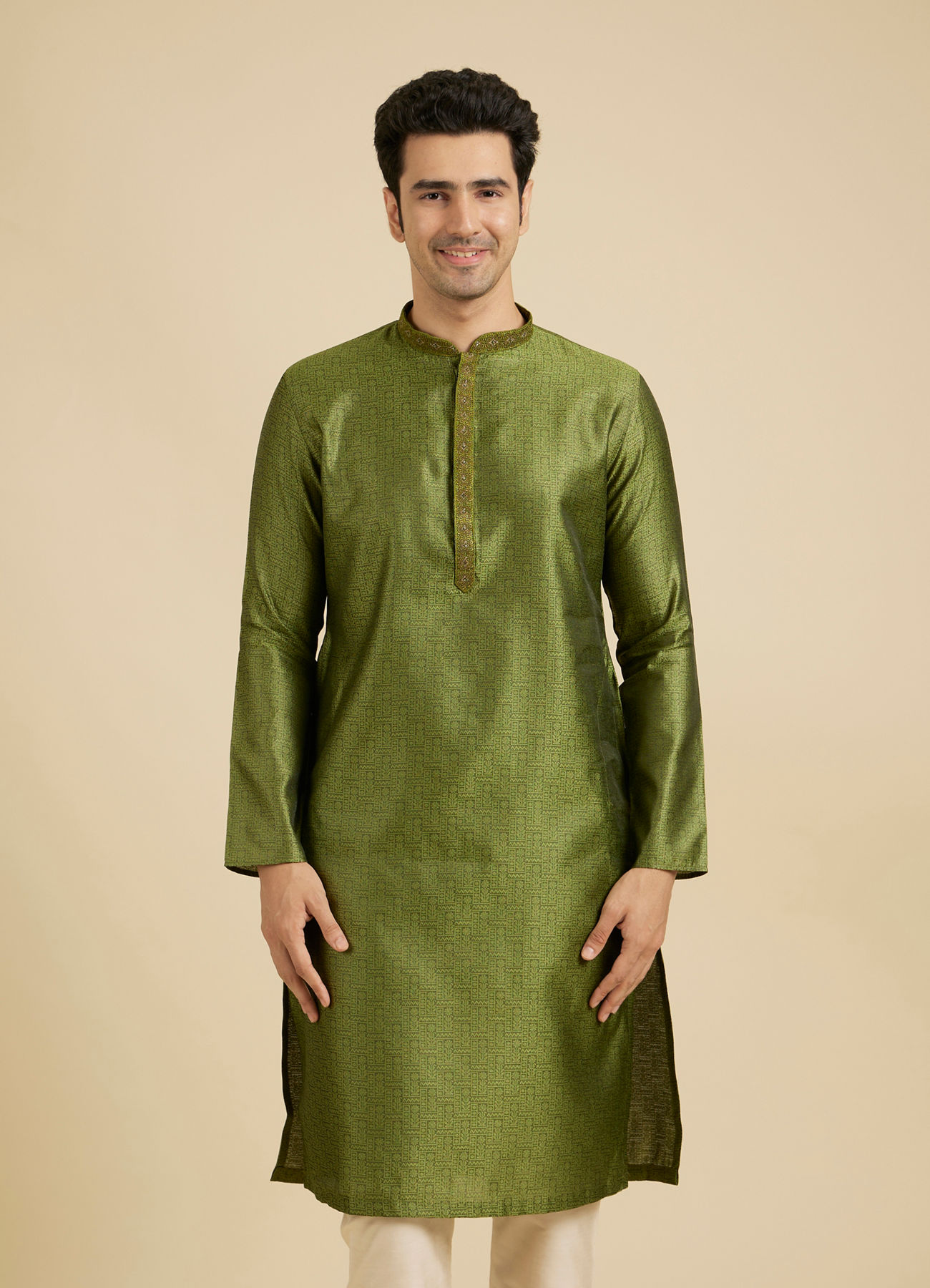 Manyavar Men Olive Green Floral Fern Embroidered Kurta Set