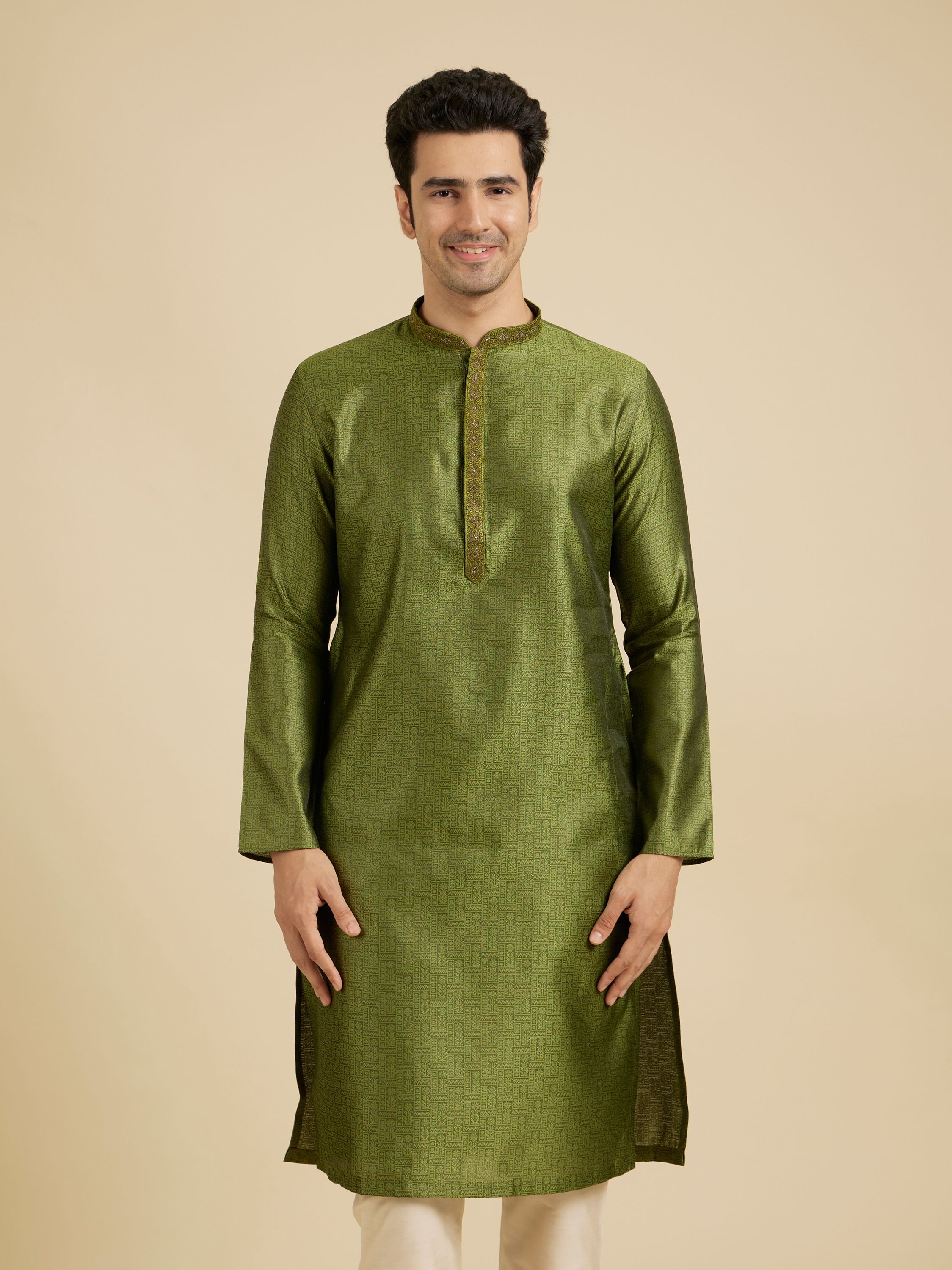 Manyavar Men Olive Green Floral Fern Embroidered Kurta Set