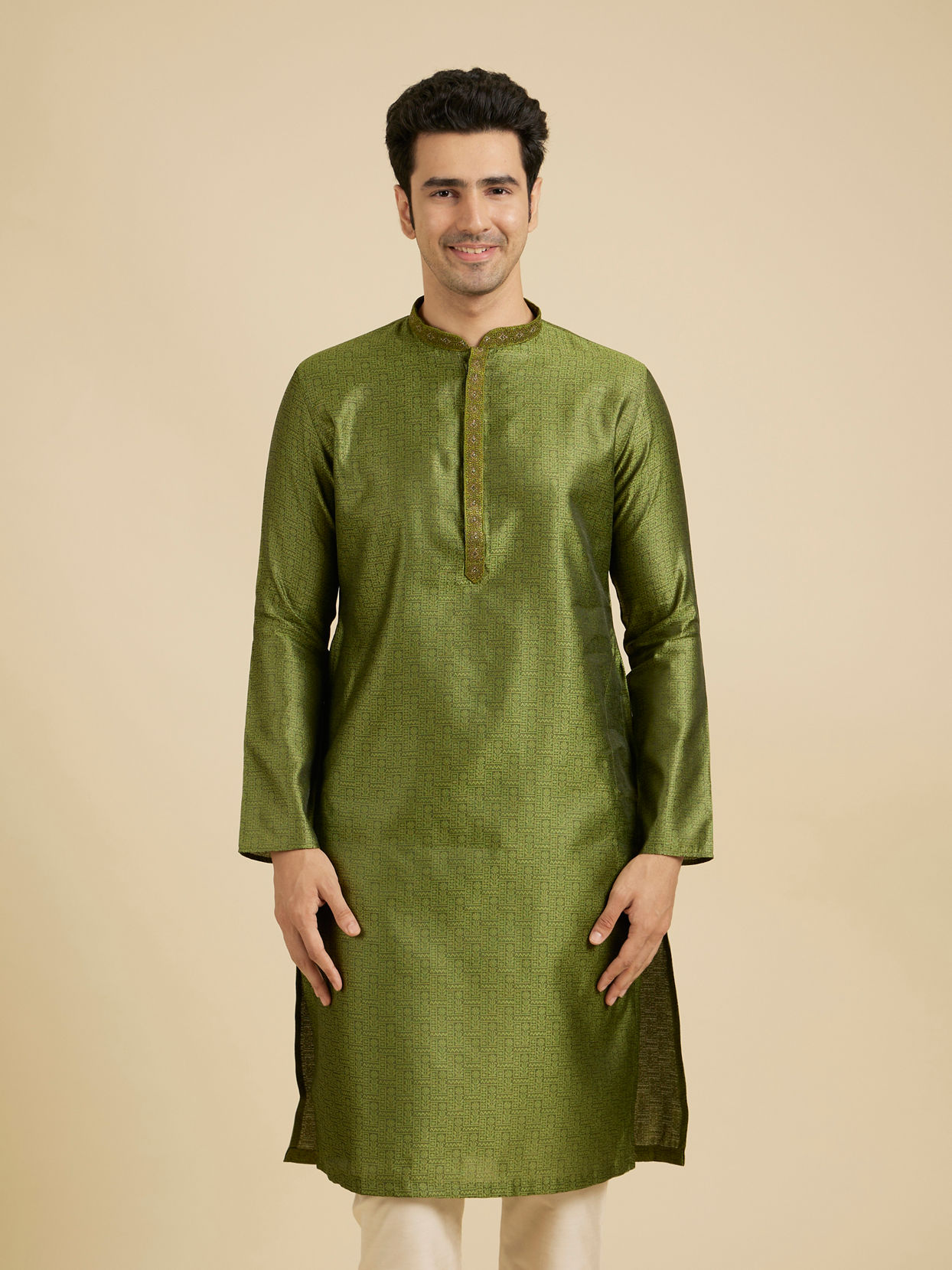 Manyavar Men Olive Green Elegance Kurta Pajama image number 0