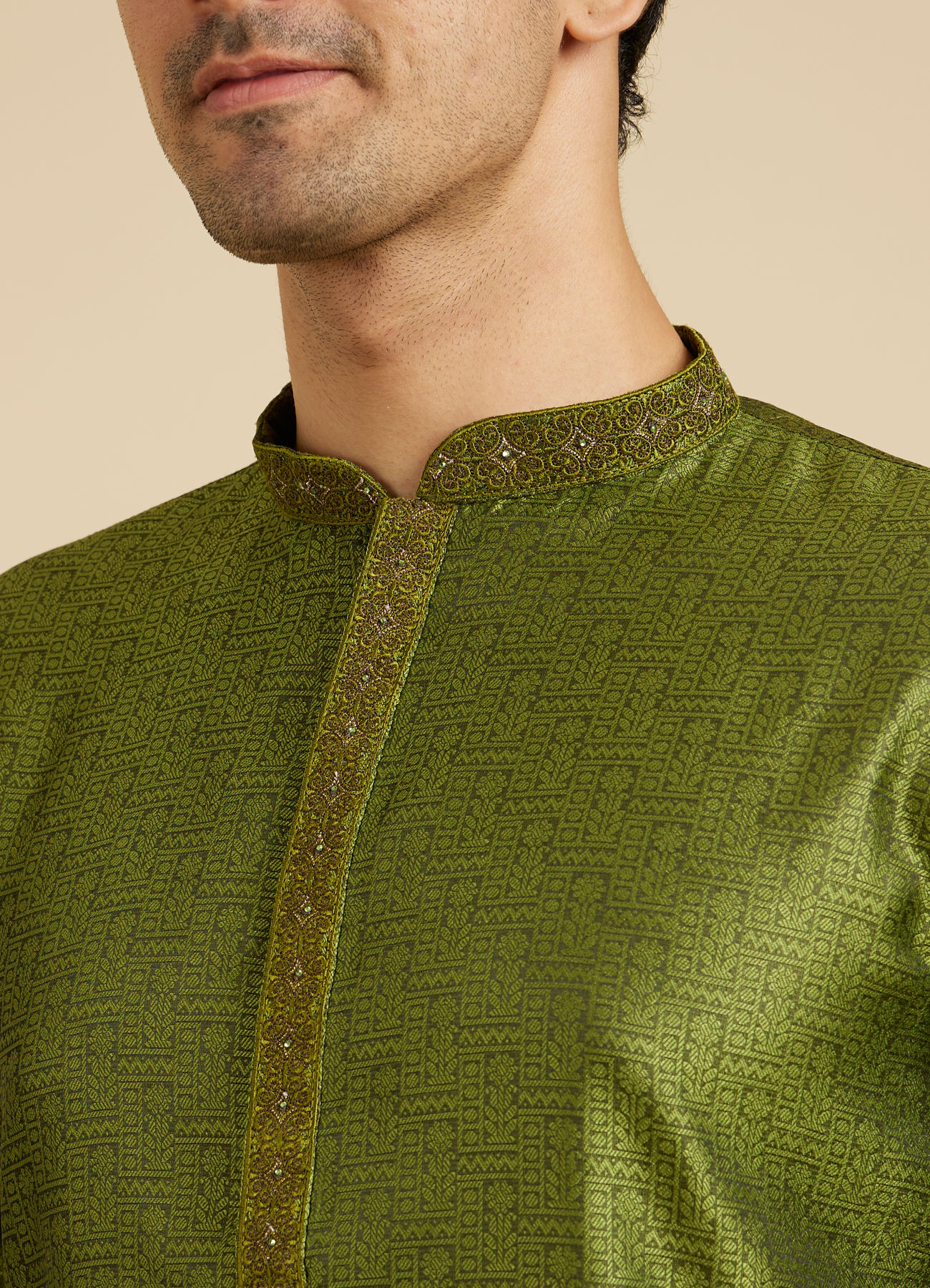 Manyavar Men Olive Green Floral Fern Embroidered Kurta Set