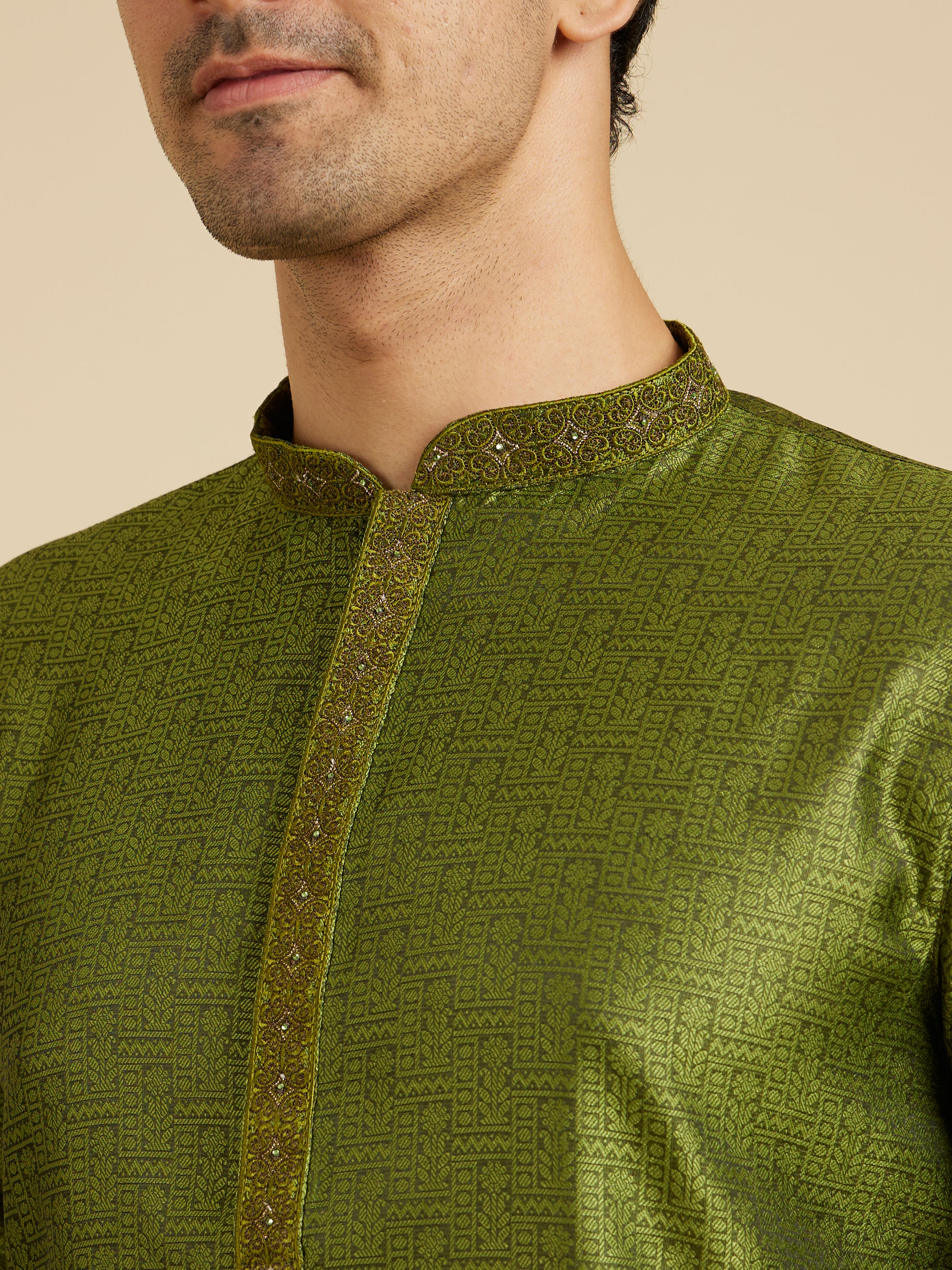 Manyavar Men Olive Green Floral Fern Embroidered Kurta Set