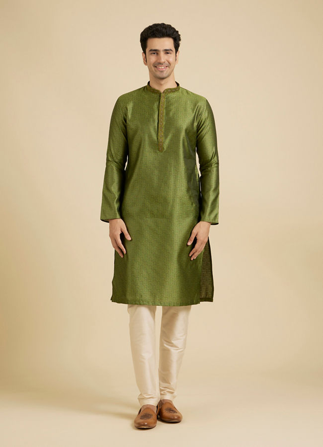 Manyavar Men Olive Green Floral Fern Embroidered Kurta Set