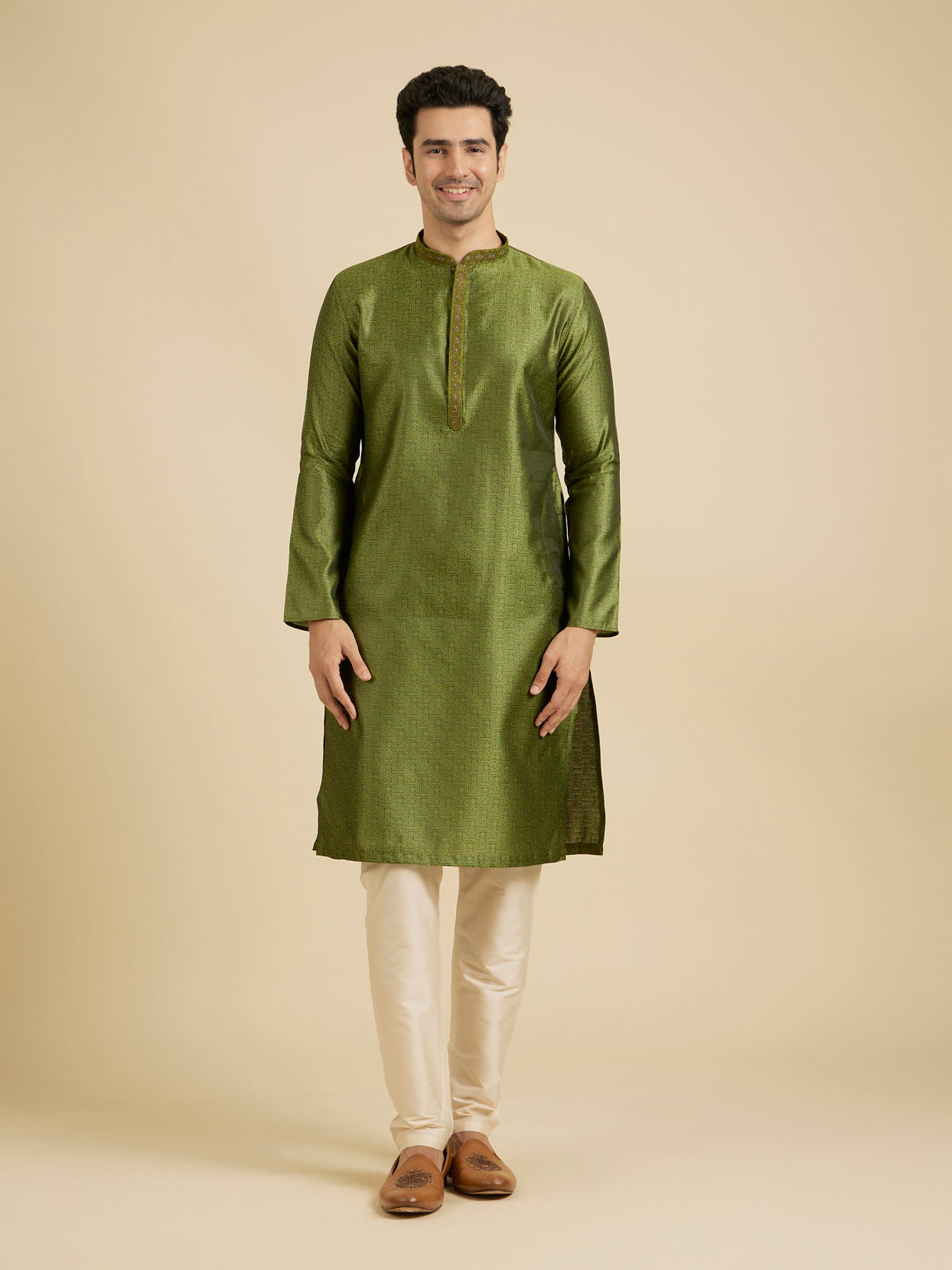 Manyavar Men Olive Green Floral Fern Embroidered Kurta Set