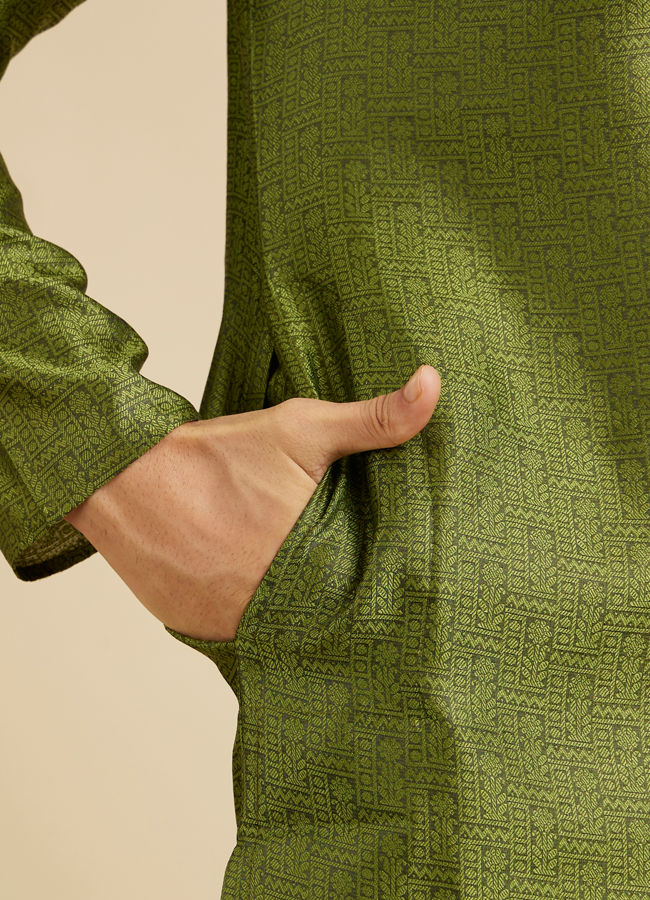 Manyavar Men Olive Green Floral Fern Embroidered Kurta Set