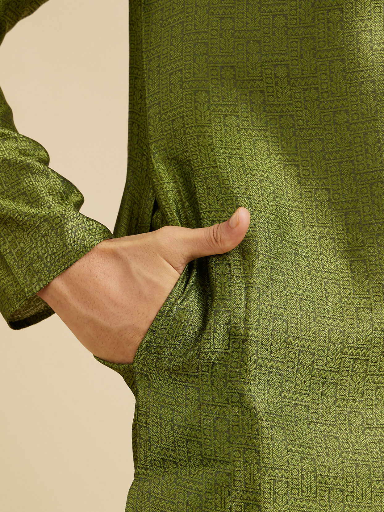 Manyavar Men Olive Green Floral Fern Embroidered Kurta Set