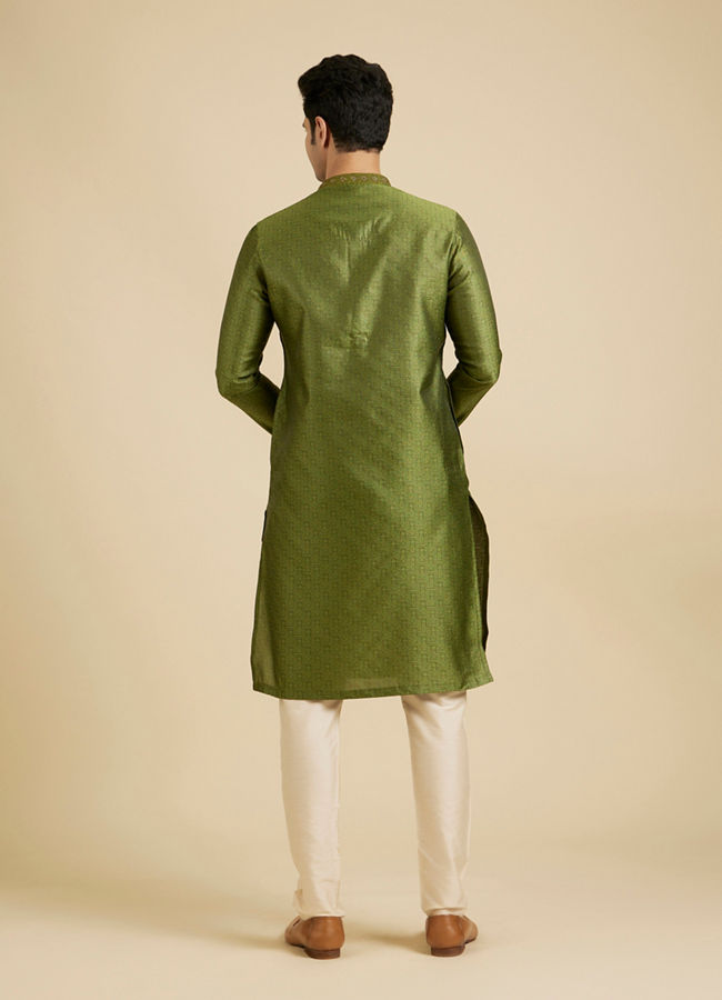 Manyavar Men Olive Green Floral Fern Embroidered Kurta Set