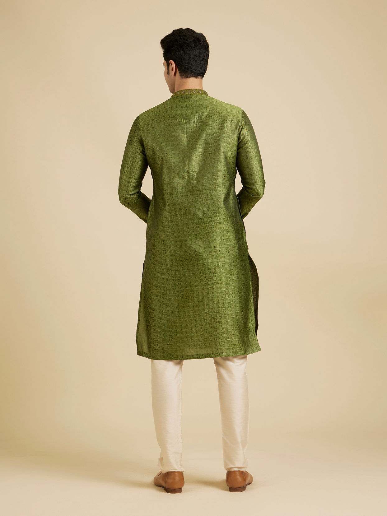 Manyavar Men Olive Green Floral Fern Embroidered Kurta Set