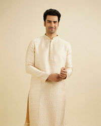 Manyavar Men Cream Beige Geometric Patterned Kurta Set with Mirror Work