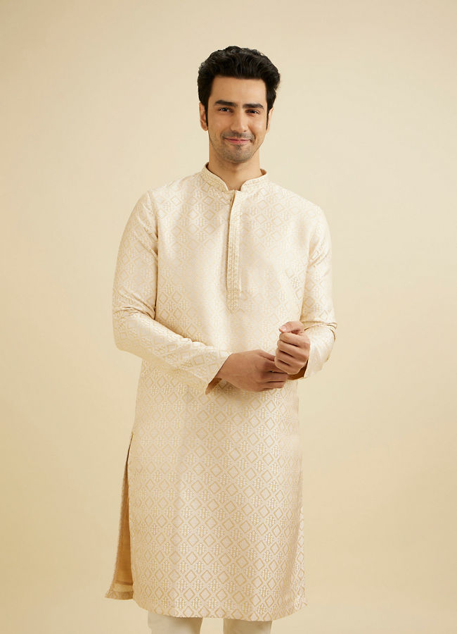 Manyavar Men Cream Beige Geometric Patterned Kurta Set with Mirror Work image number 0